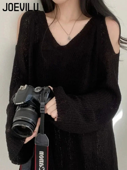 Knitted V-neck Off Shoulder Sweater Cover Up Blouse