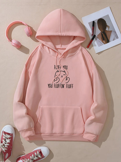 Cute Cat & Letter Printed Pocket Drawstring Hoodie