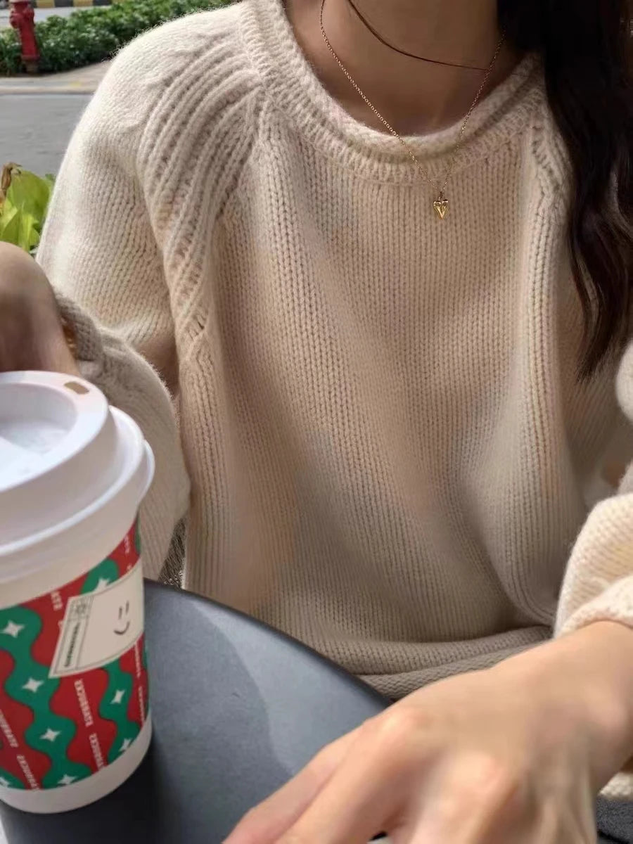 Slouchy Knitted Pullover Cocoon-fit Rolled Edge Plain Sweater