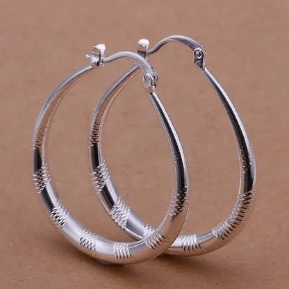 925 Sterling Silver Hoop Engraved Stripped Design Earrings