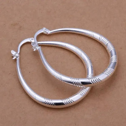 925 Sterling Silver Hoop Engraved Stripped Design Earrings