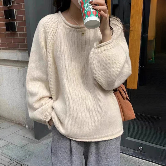 Slouchy Knitted Pullover Cocoon-fit Rolled Edge Plain Sweater