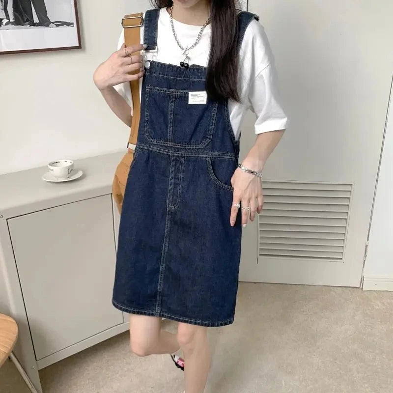 Women's Summer Casual Denim Dress Knee-Length Blue Oversized Strapless A-Line Temperament Commuting Fashion Junior Size