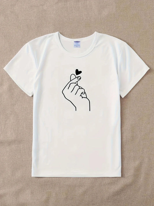 Finger Heart Casual Crew Neck T-Shirt