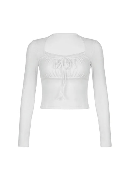 Tie Lace Trim Square Collar Y2k Long Sleeve