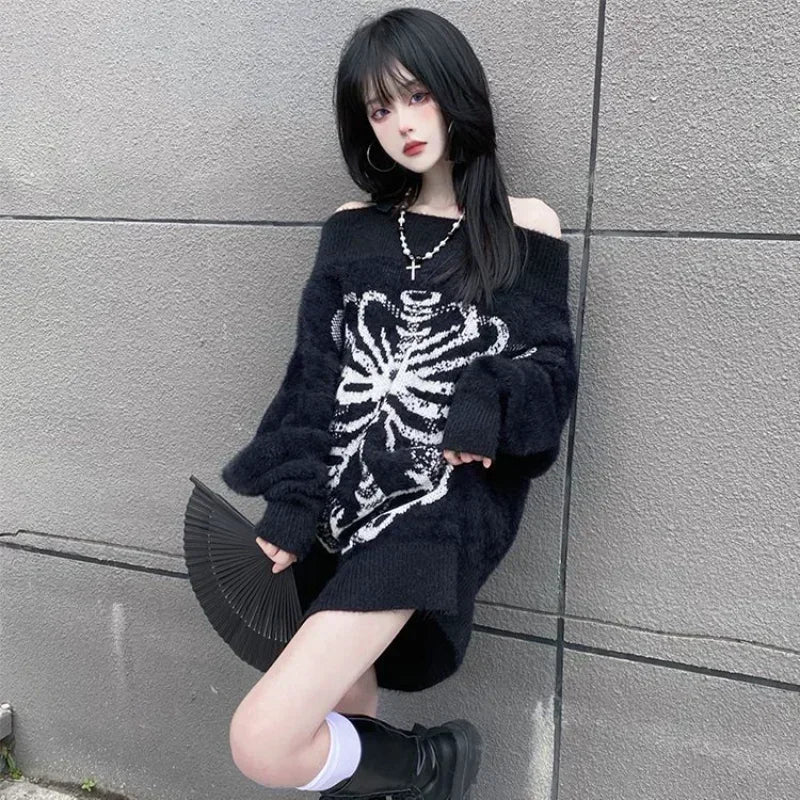Goth Skull Print Aesthetic Women's Black Pullover Sweater