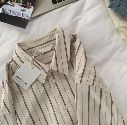 Apricot Spring Long-sleeved Striped Top Blouse