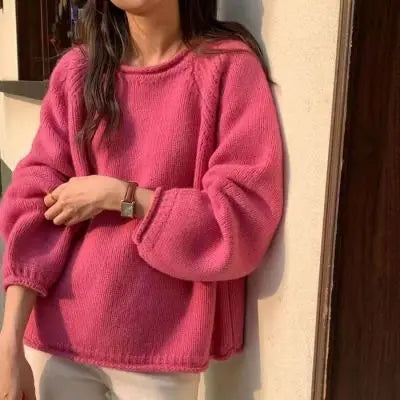 Slouchy Knitted Pullover Cocoon-fit Rolled Edge Plain Sweater