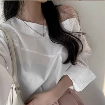 White Women's Off-Shoulder Blouse Long Sleeve Cotton Top Elegant Office Lady Fashion Sexy Casual Straight Collar Pullover