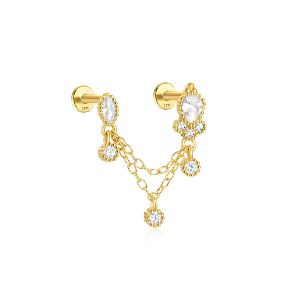 Sterling Silver Double Ear Hole Zircon Women's Flat Earrings