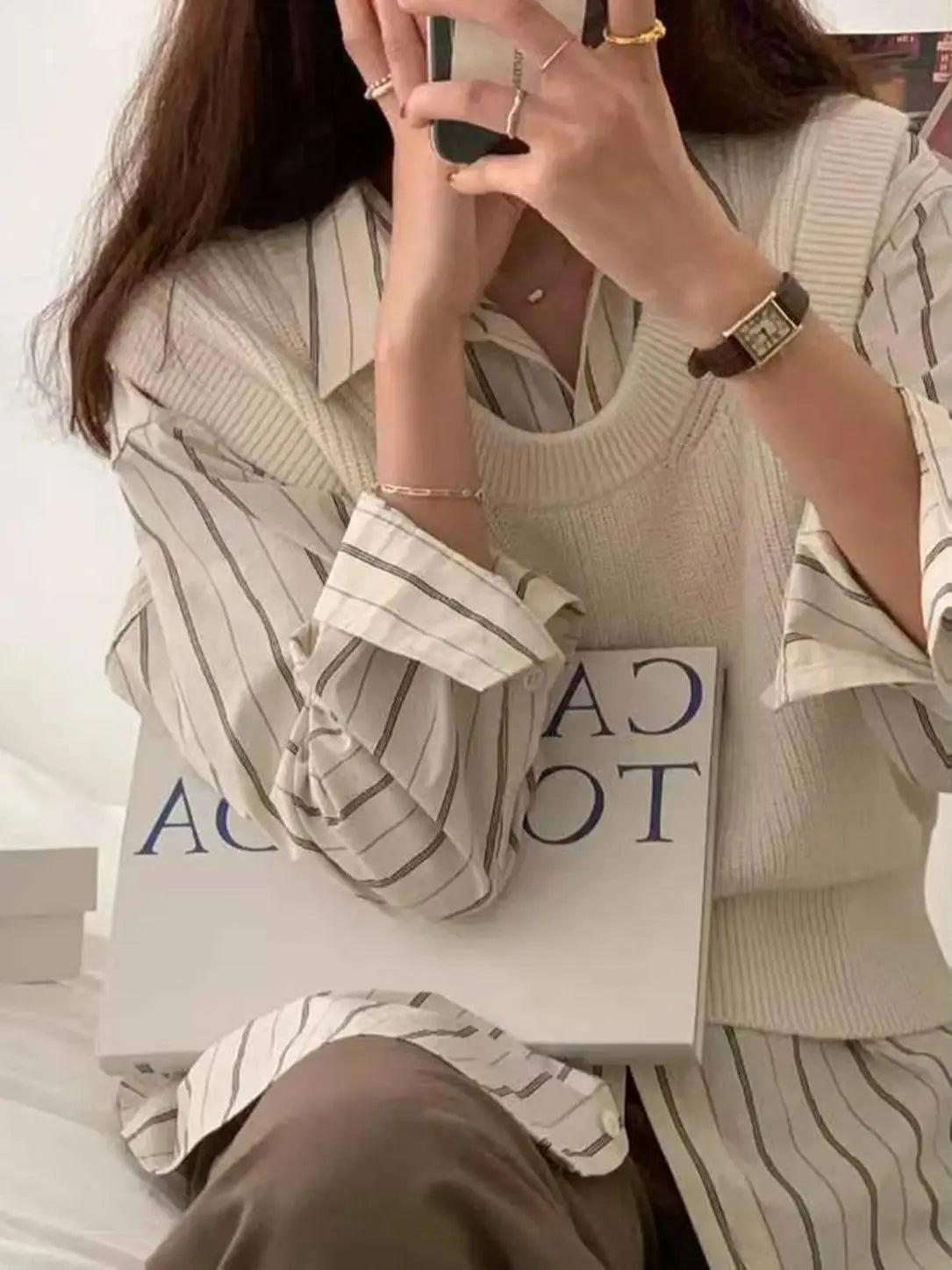 Apricot Spring Long-sleeved Striped Top Blouse