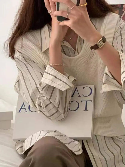 Apricot Spring Long-sleeved Striped Top Blouse