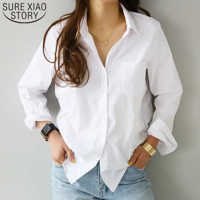 Fashion Women's Cotton Blouse White Shirt Casual OL Style Long Sleeve Top Turn-down Collar Midweight Knit Blusas Mujer De Moda