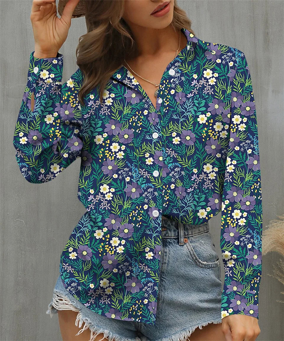 Elegant Loose Women's Blouse Casual Long Sleeve Turning down Collar Polyester Top for Holiday Weekend Fashion Midweight