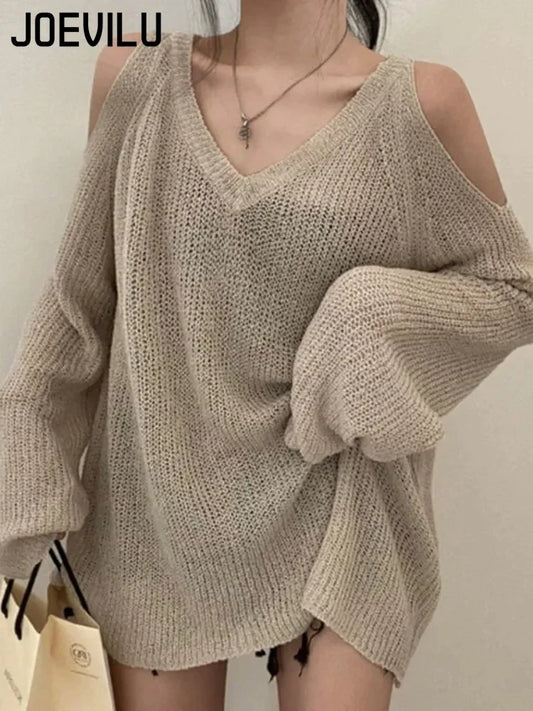 Knitted V-neck Off Shoulder Sweater Cover Up Blouse