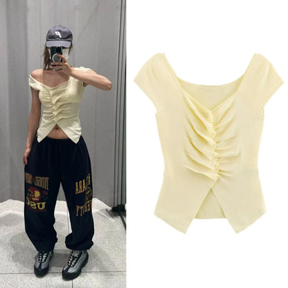 Women's Light Yellow Ruffle Trim Knit Blouse Large Neckline Casual Fashion Spring 2025 Short Sleeve Versatile Top