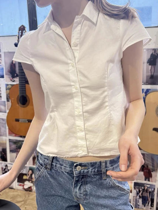 White Cotton Blouse T-Shirt for Women Summer Peter Pan Collar Short Sleeve Slim Fit Casual Cute Lace-Up Crop Top