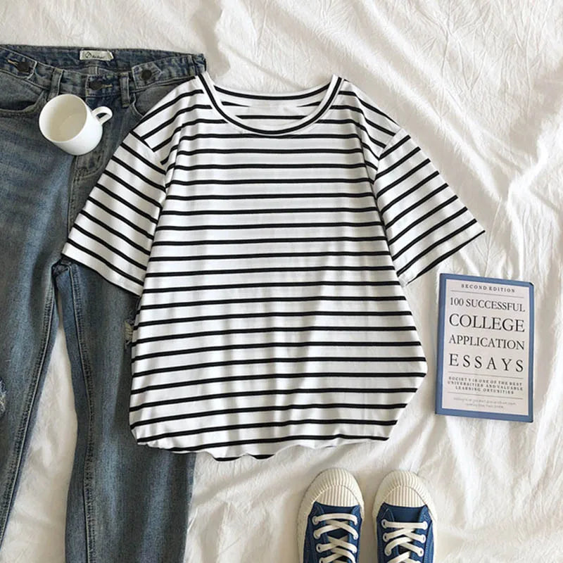 Cute Short Sleeve Korean Stripped Casual Shirt