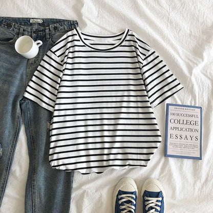 Cute Short Sleeve Korean Stripped Casual Shirt