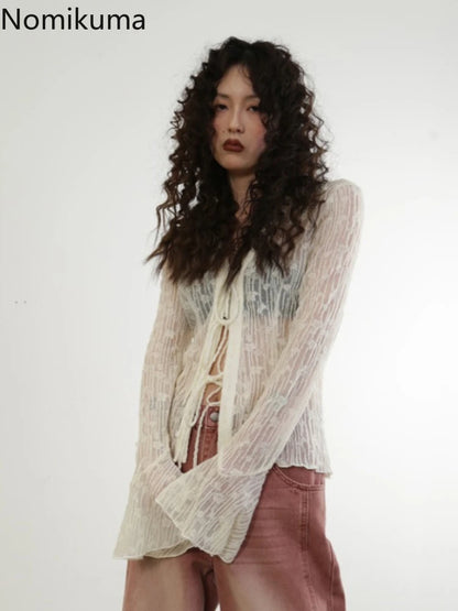 Women's Slim Fit Lace Bandage Blouse Temperament Crop Top See through V-Neck Summer Sexy Shirt Office Lady Style Full Sleeve
