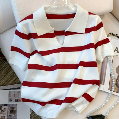 Stripped Versatile Knitted Collared Top