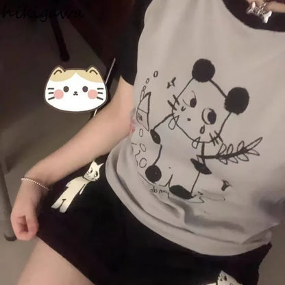 Japanese Cute Black Cartoon Cat Print Shorts