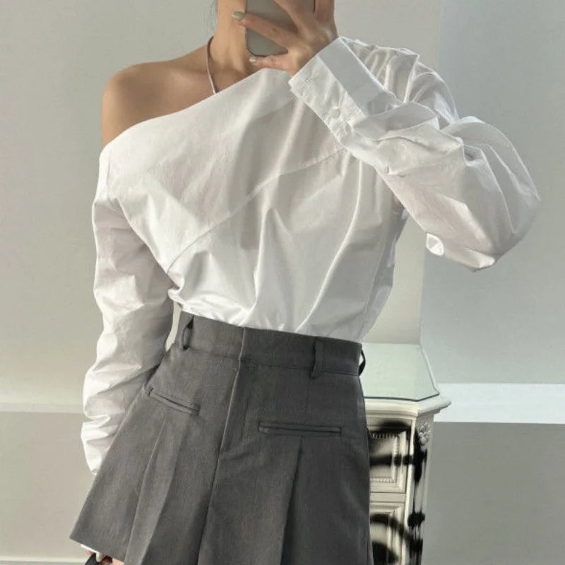 White Women's Off-Shoulder Blouse Long Sleeve Cotton Top Elegant Office Lady Fashion Sexy Casual Straight Collar Pullover