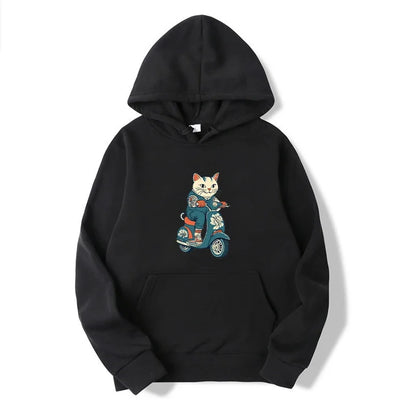 Cool Unisex Cat Scooter Hooded Sweatshirt