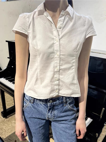 White Cotton Blouse T-Shirt for Women Summer Peter Pan Collar Short Sleeve Slim Fit Casual Cute Lace-Up Crop Top
