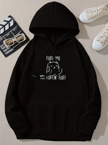 Cute Cat & Letter Printed Pocket Drawstring Hoodie