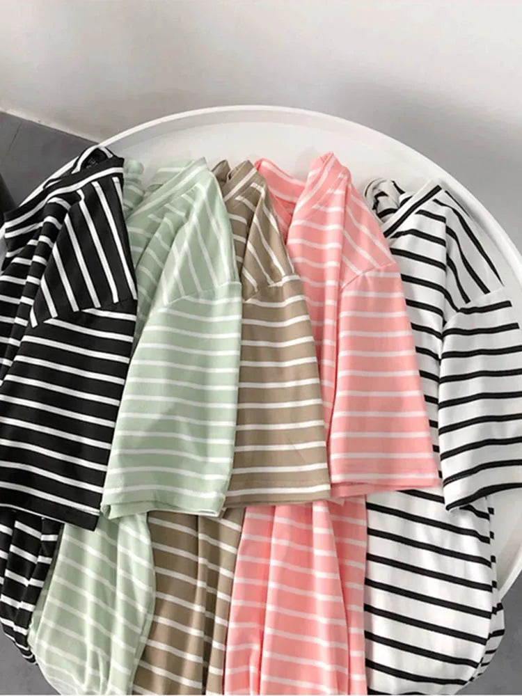 Cute Short Sleeve Korean Stripped Casual Shirt