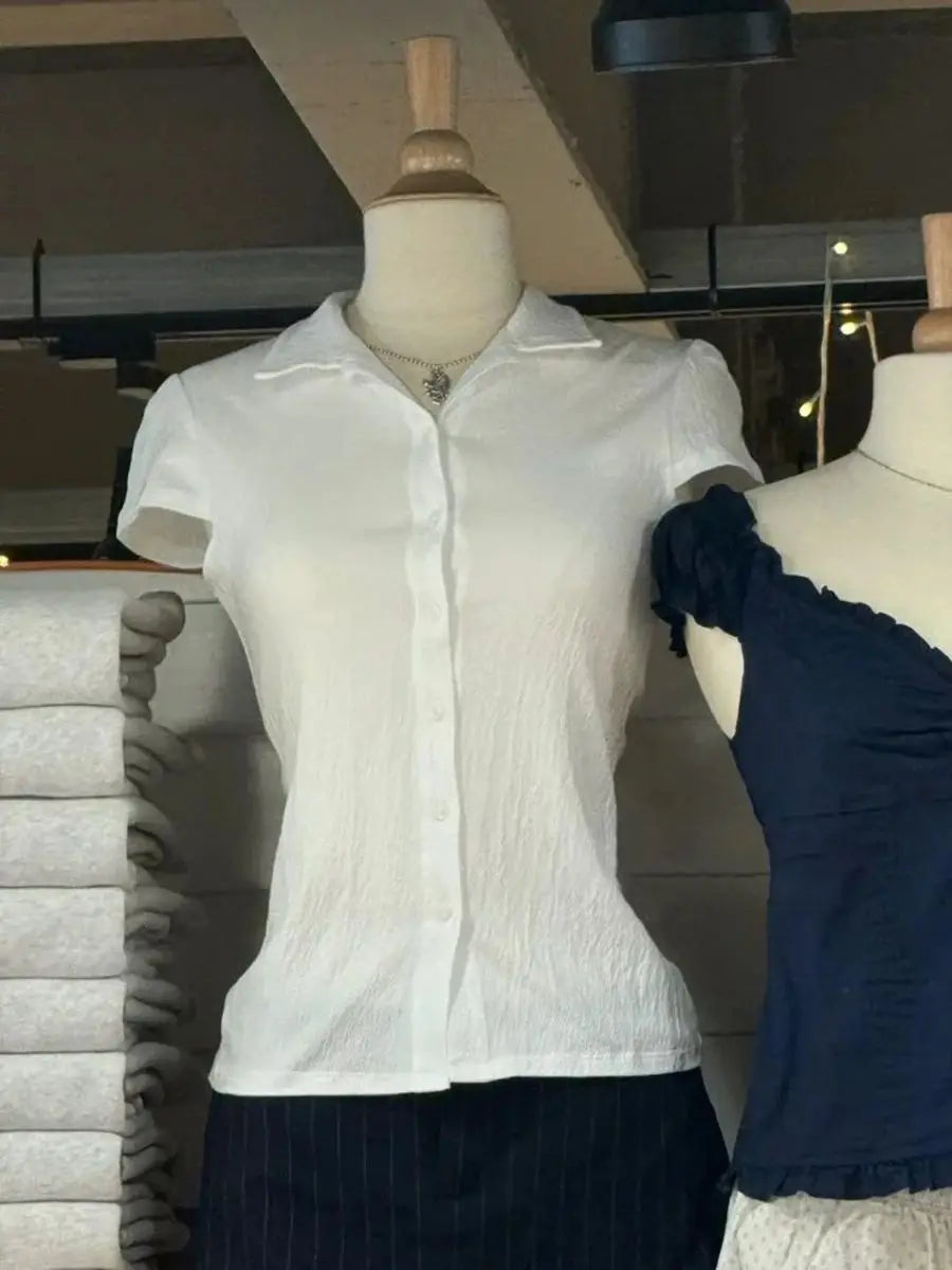 White Cotton Blouse T-Shirt for Women Summer Peter Pan Collar Short Sleeve Slim Fit Casual Cute Lace-Up Crop Top