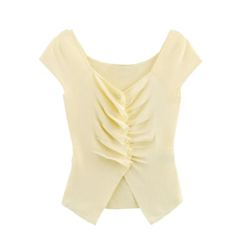Women's Light Yellow Ruffle Trim Knit Blouse Large Neckline Casual Fashion Spring 2025 Short Sleeve Versatile Top