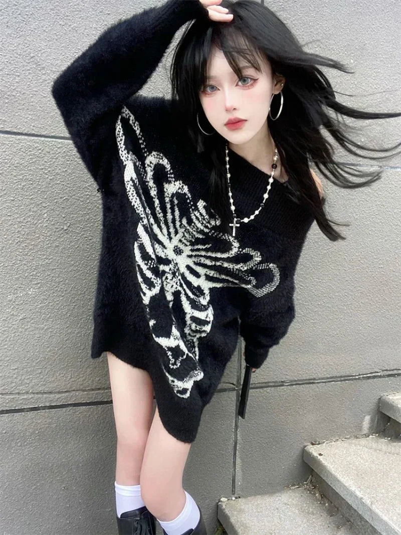 Goth Skull Print Aesthetic Women's Black Pullover Sweater