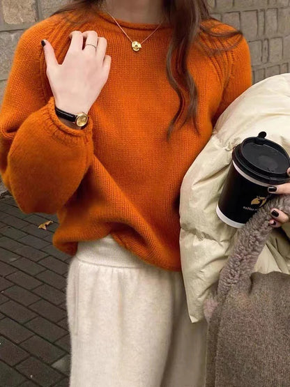 Slouchy Knitted Pullover Cocoon-fit Rolled Edge Plain Sweater