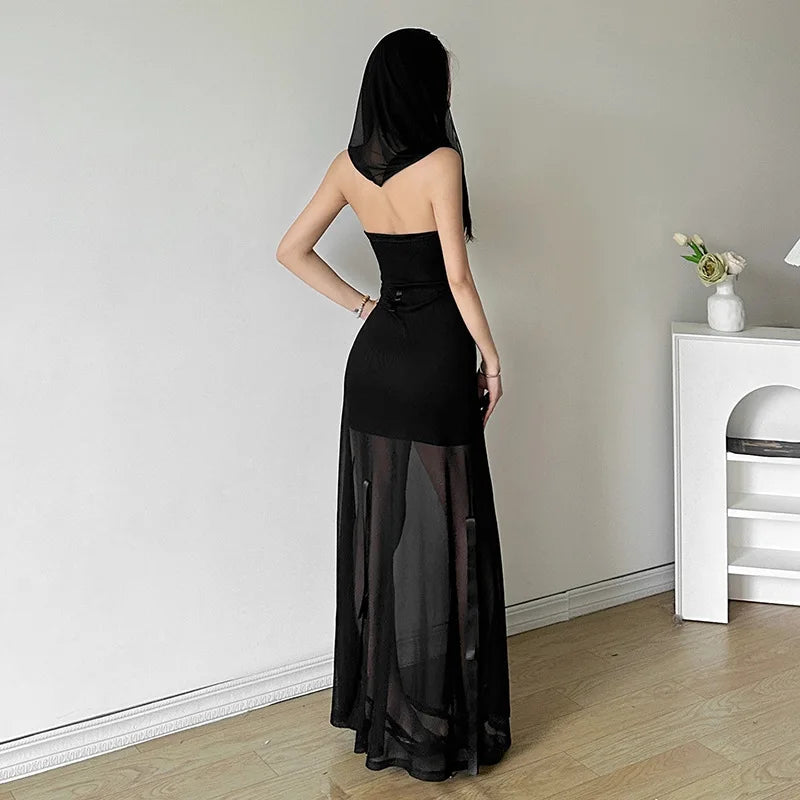 Women's Gothic Sexy Strapless Hooded Long Dress Dark Fairycore Bodycon Ankle-Length with Bow Mesh Detail Polyester Spandex