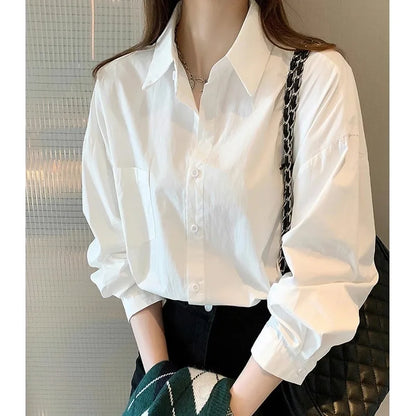 White Korean-Style Long-Sleeved Blouse for Women Casual Office Lady Shirt Loose Fit Mid-Length Turn-Down Collar Simple Women's Top