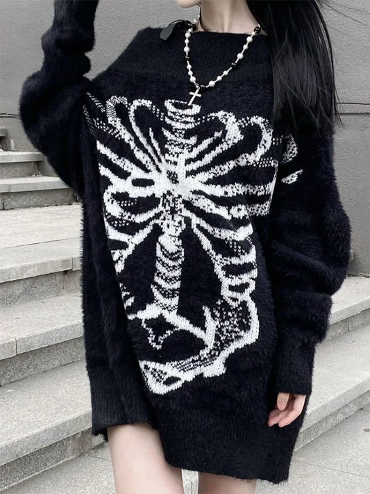 Goth Skull Print Aesthetic Women's Black Pullover Sweater