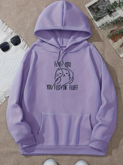 Cute Cat & Letter Printed Pocket Drawstring Hoodie