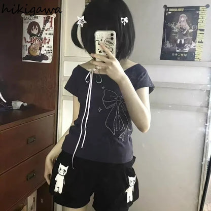 Japanese Cute Black Cartoon Cat Print Shorts