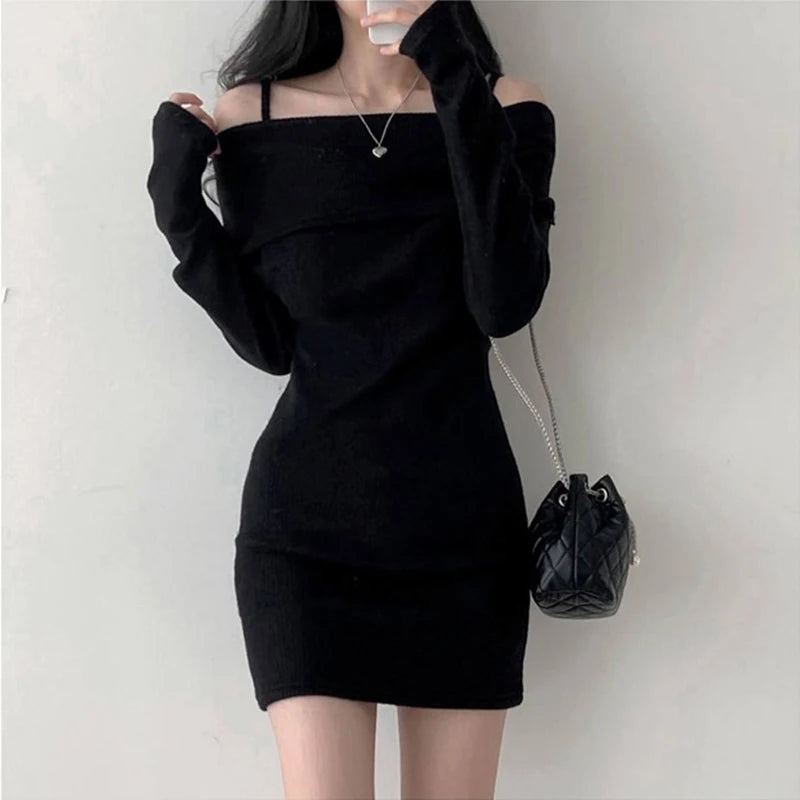 Y2K Women's Knitted Mini Dress Off-Shoulder Spaghetti Strap Long Sleeve Slim Fit above Knee Korean Sexy Spring Dress