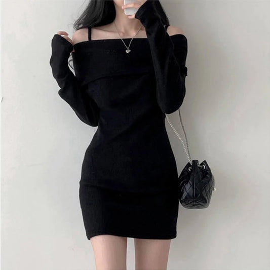 Y2K Women's Knitted Mini Dress Off-Shoulder Spaghetti Strap Long Sleeve Slim Fit above Knee Korean Sexy Spring Dress