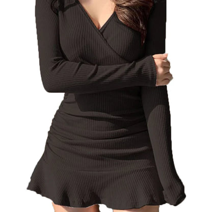 Korean Y2K Solid Color Deep V-neck Dress Long Sleeve Fresh Sweet Girl Sexy Lazy Style Daily Mini Skirt for Junior Women
