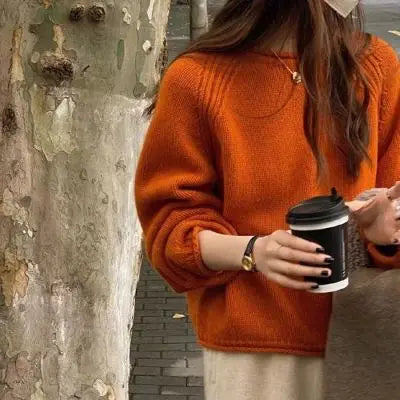 Slouchy Knitted Pullover Cocoon-fit Rolled Edge Plain Sweater