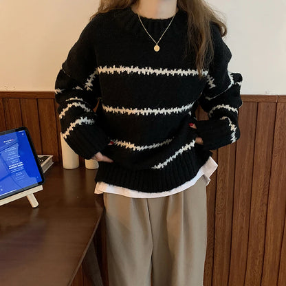 Women Casual Autumn Knitted Loose Stripped Sweater