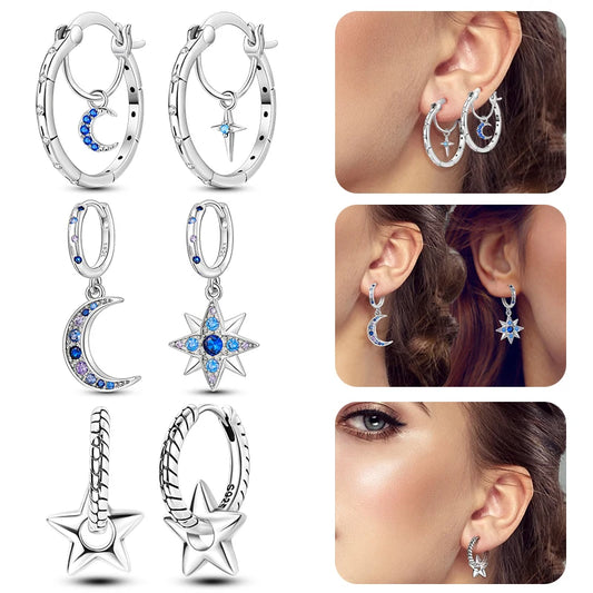 925 Sterling Loops Star, Moon Ring Styled Earrings