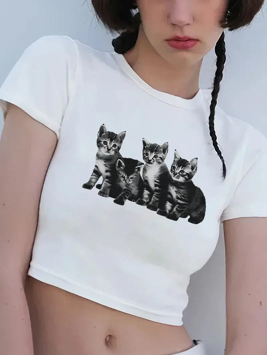 Vintage Summer Graphic Kitten Pattern T-Shirt
