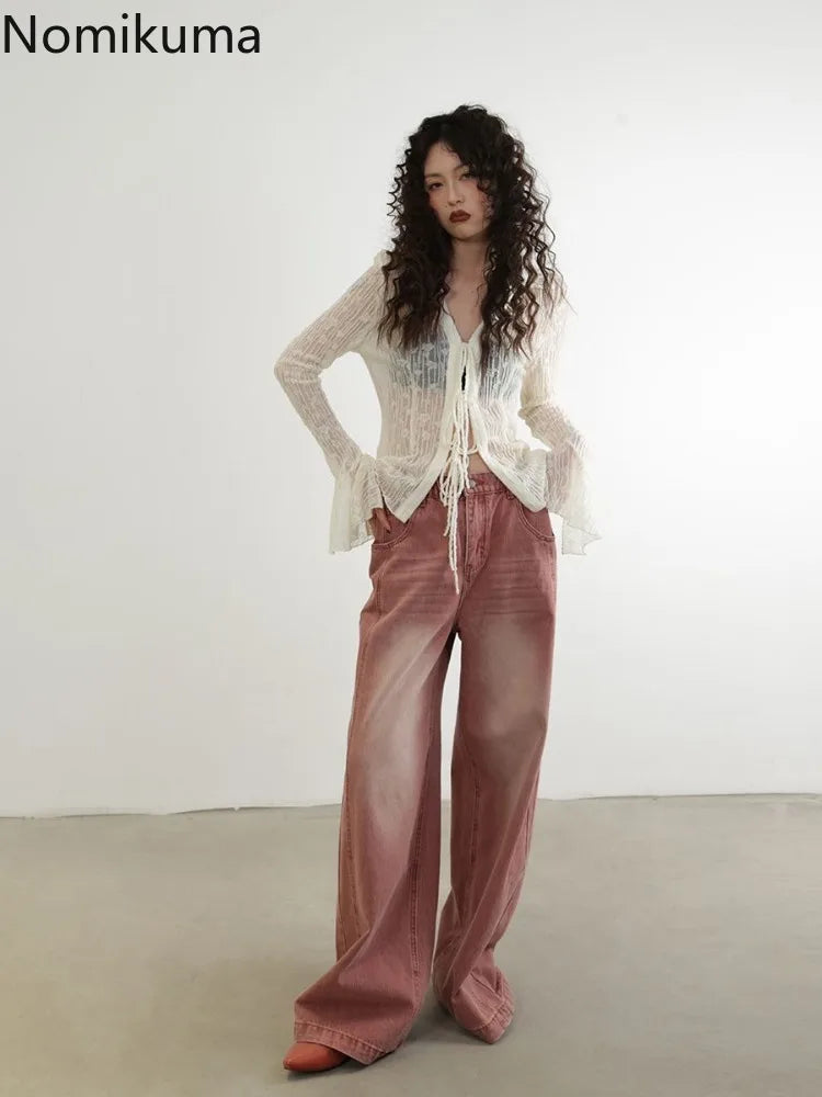 Women's Slim Fit Lace Bandage Blouse Temperament Crop Top See through V-Neck Summer Sexy Shirt Office Lady Style Full Sleeve