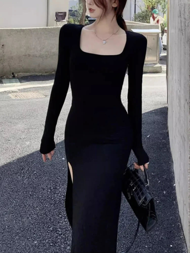 Women's Sexy Side Slit Long Sleeve Dress Black Bodycon Wrap Hip Over-the-Knee Tight-Fitting Mid-Calf Spring Autumn High Street