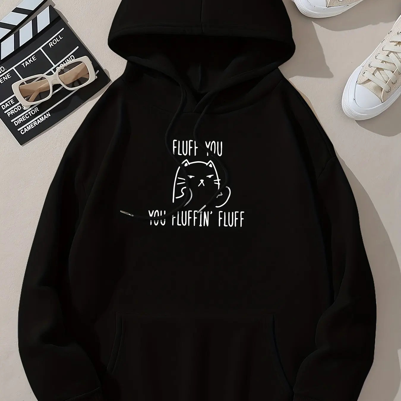 Cute Cat & Letter Printed Pocket Drawstring Hoodie